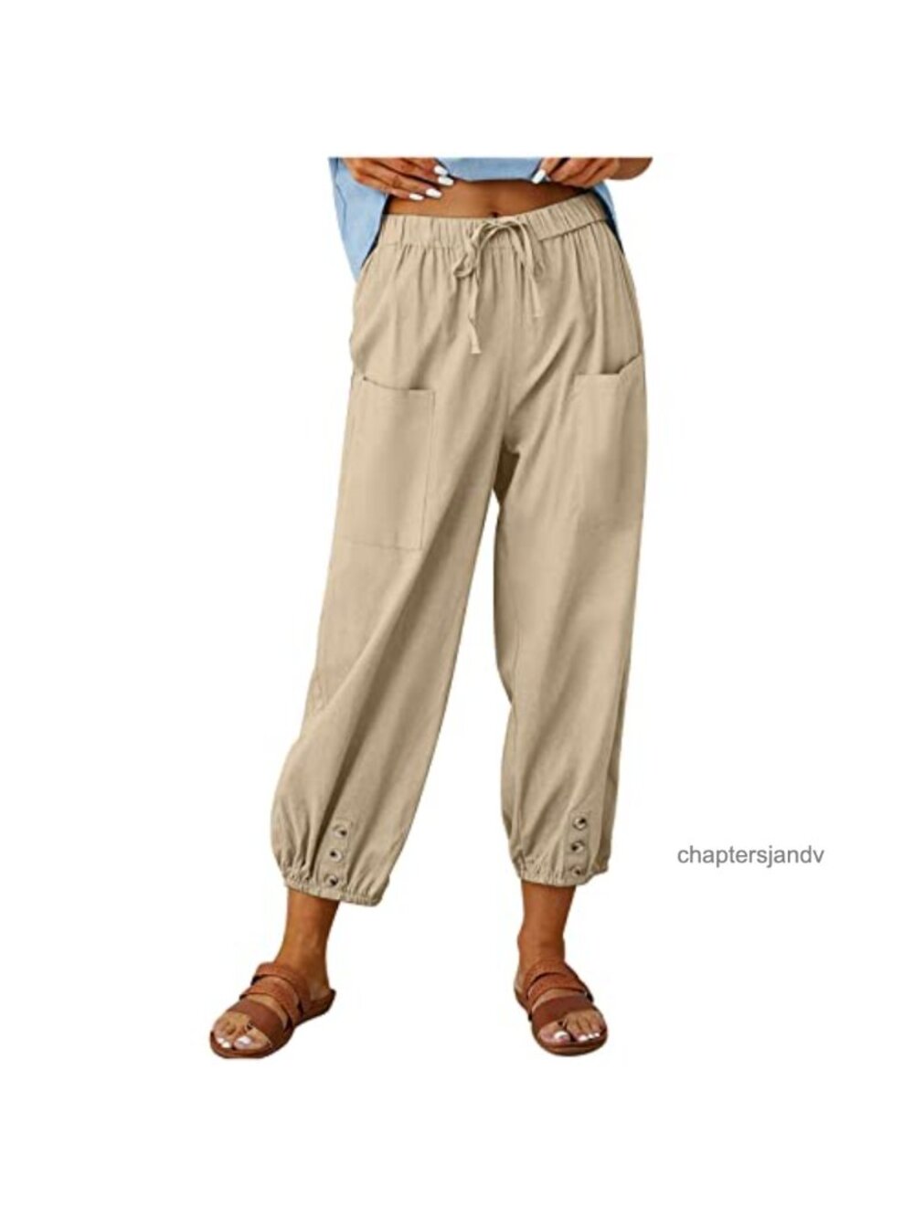 100% Cotton Capri Pants High Waist Drawstring Cinch Bottom Casual Trouser